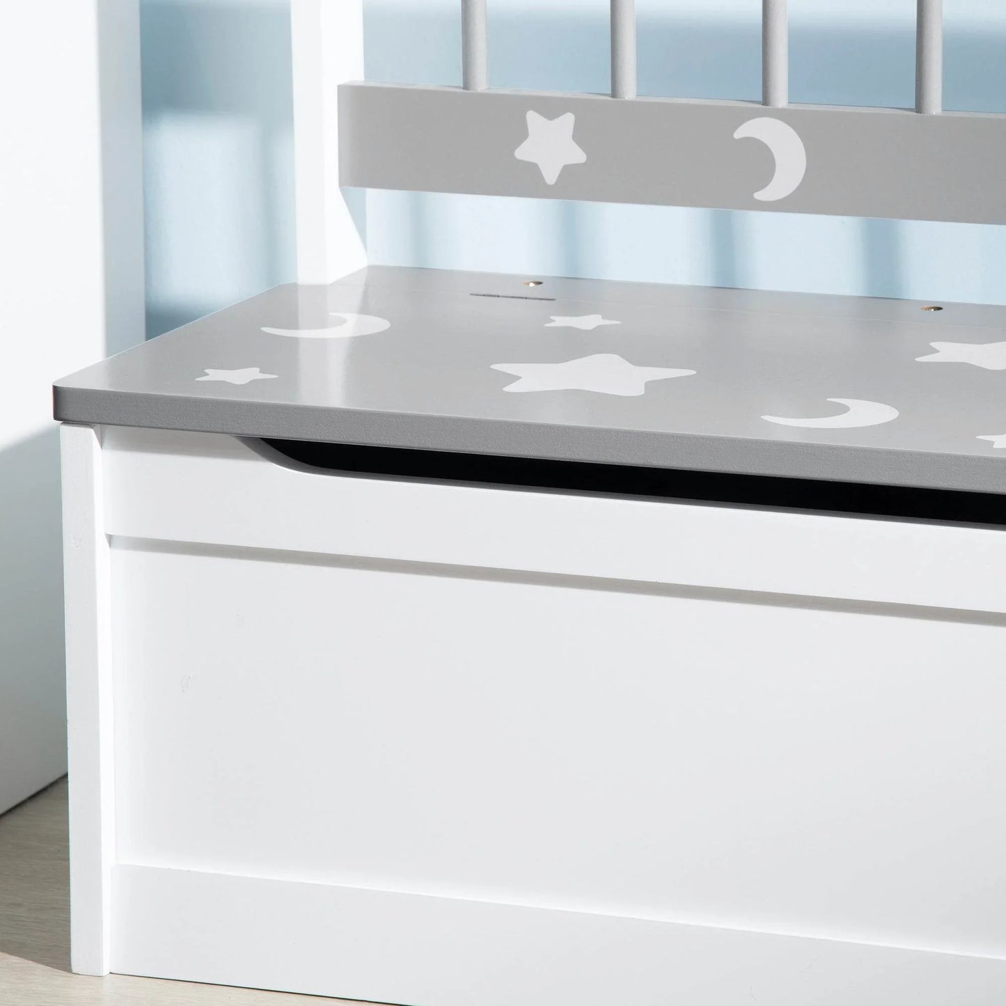 ZONEKIZ 2-IN-1 Kids Storage Bench and Toy Chest with Safety Features, Star & Moon Design, Grey - ALL4U RETAILER LTD