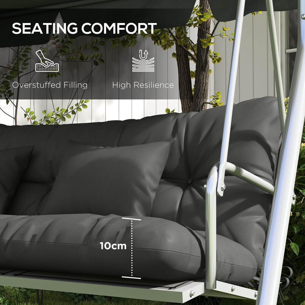 Dark grey patio swing cushion set with plush padding and high-resilience fill