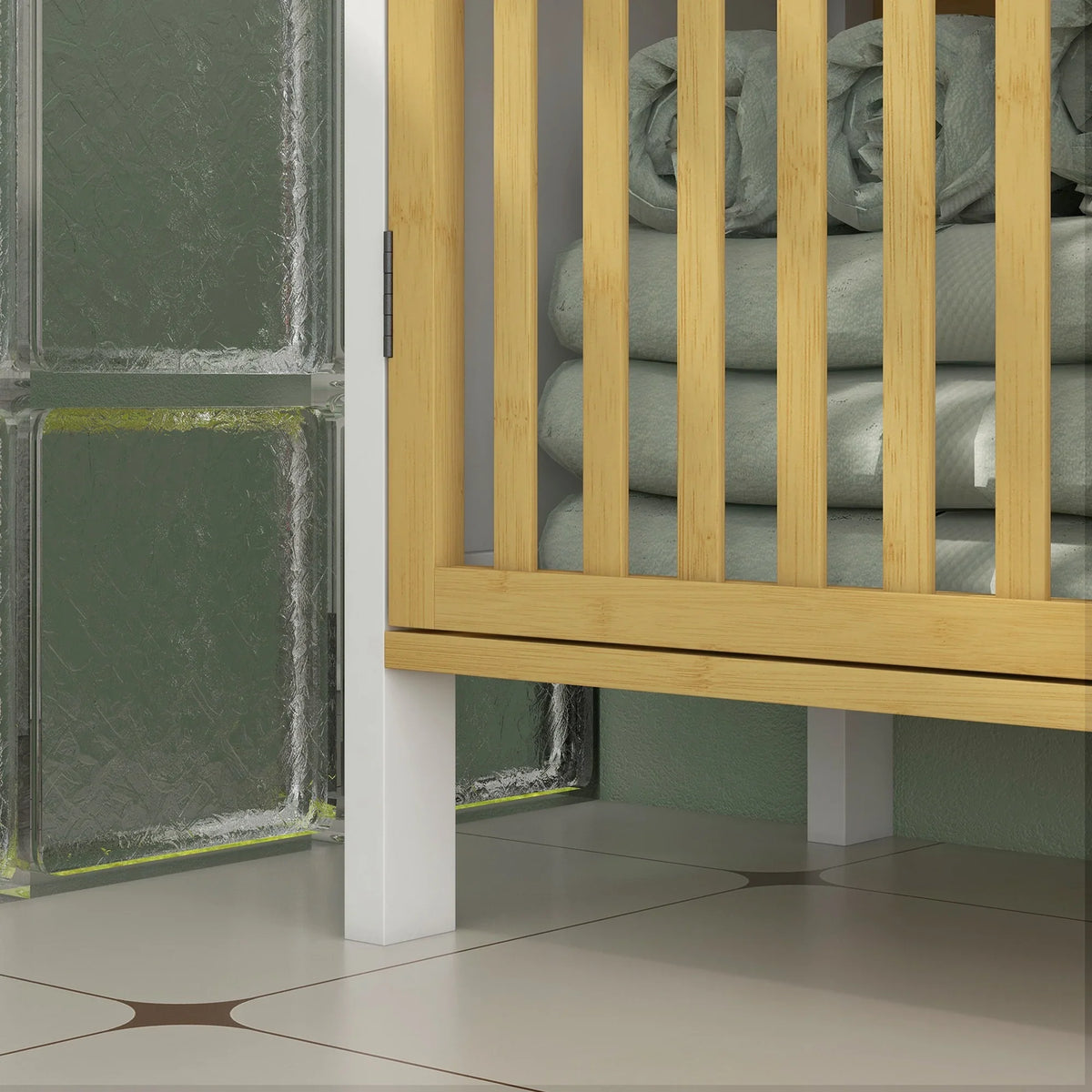 Side view of bamboo slat door on an under-sink cabinet with white legs