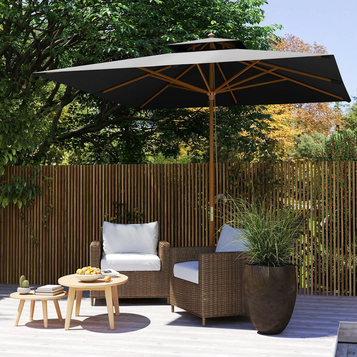 Square patio parasol with black double canopy and bamboo ribs in a backyard garden setting