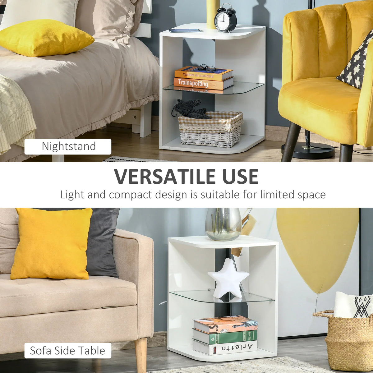 White star-shaped 3-tier sofa side table with glass shelves and open storage