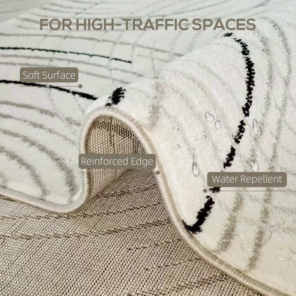 Cream rug corner with reinforced edge, raised textured weave, and swirl print.