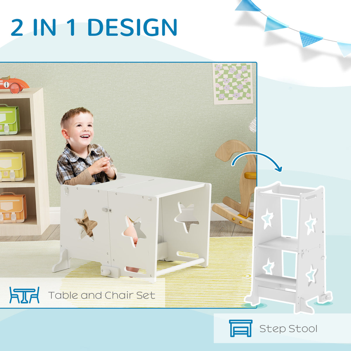 White 2-in-1 toddler step stool with safety rail, star cutouts, table mode shown