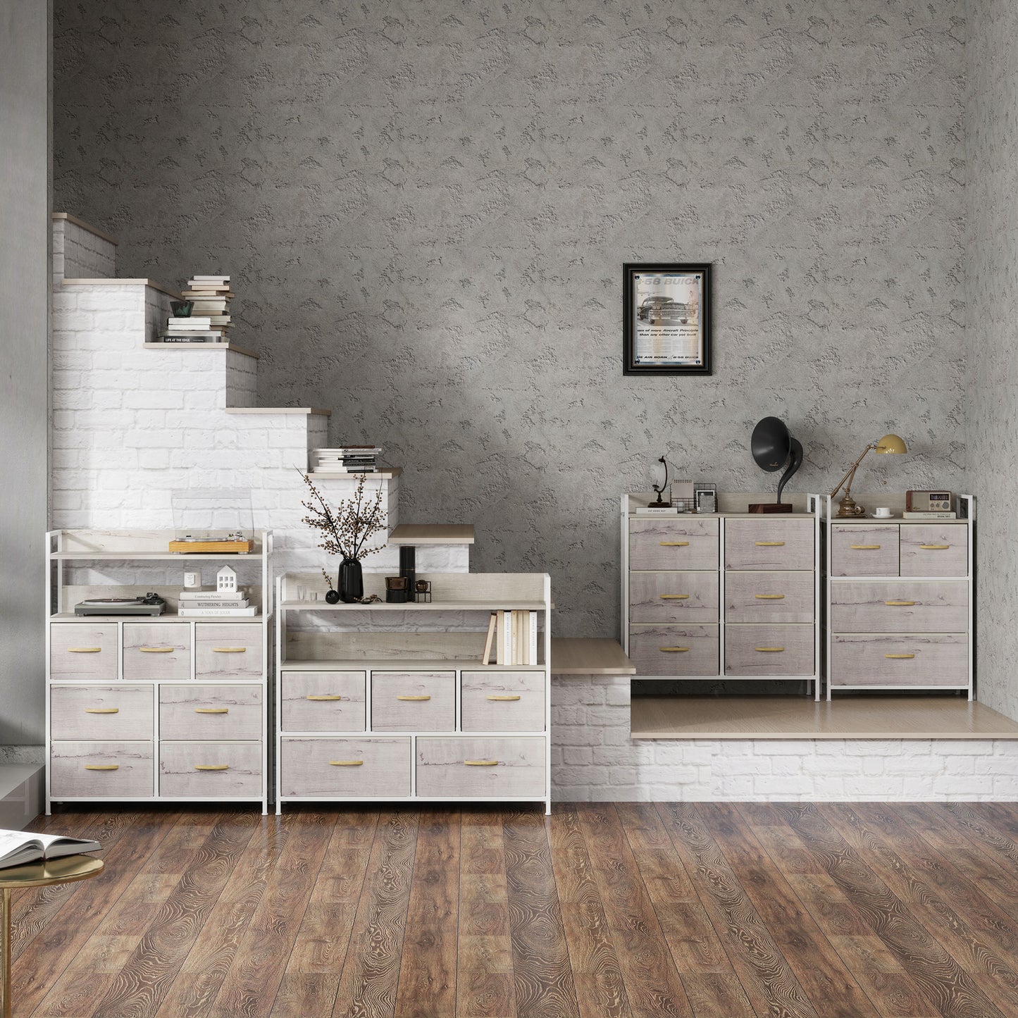 HOMCOM Rustic Four Fabric Drawers Chest Black Freestanding Dresser For Clothes Storage
