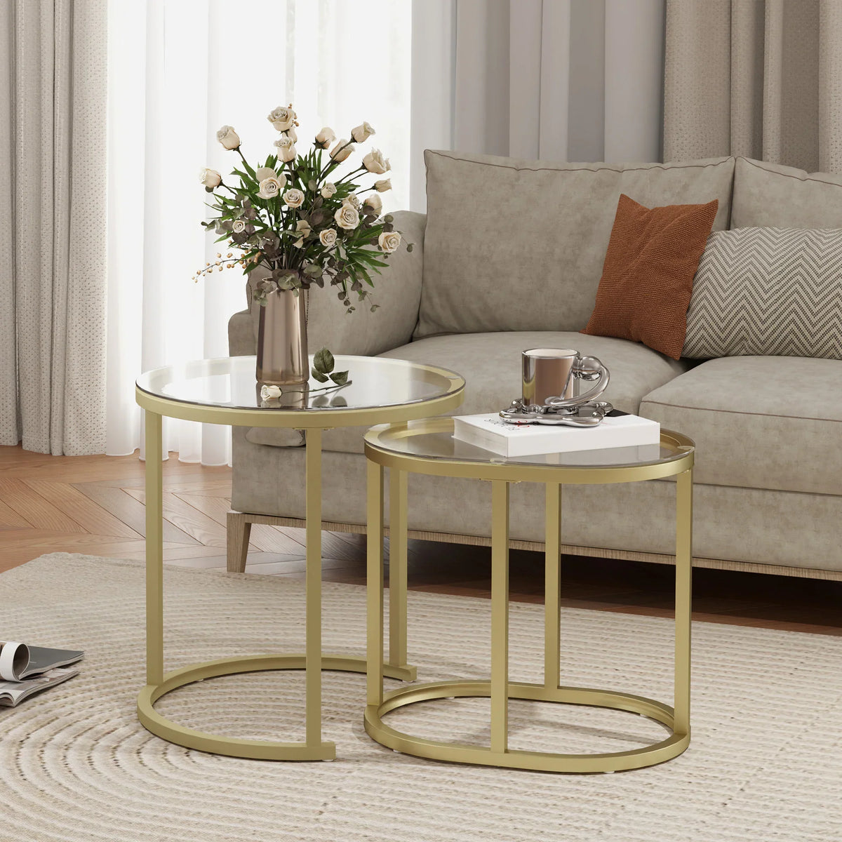 Round nesting coffee tables set, gold steel frames, tempered clear glass tops