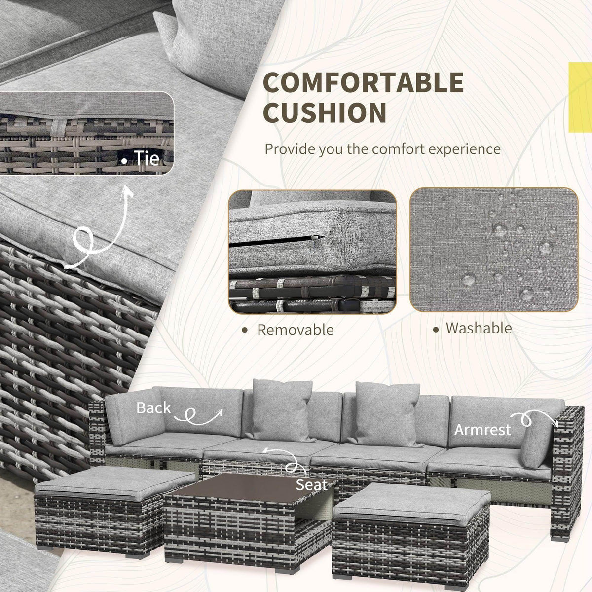Grey upholstered seat, back, and arm cushions on woven rattan patio sectional with ottomans
