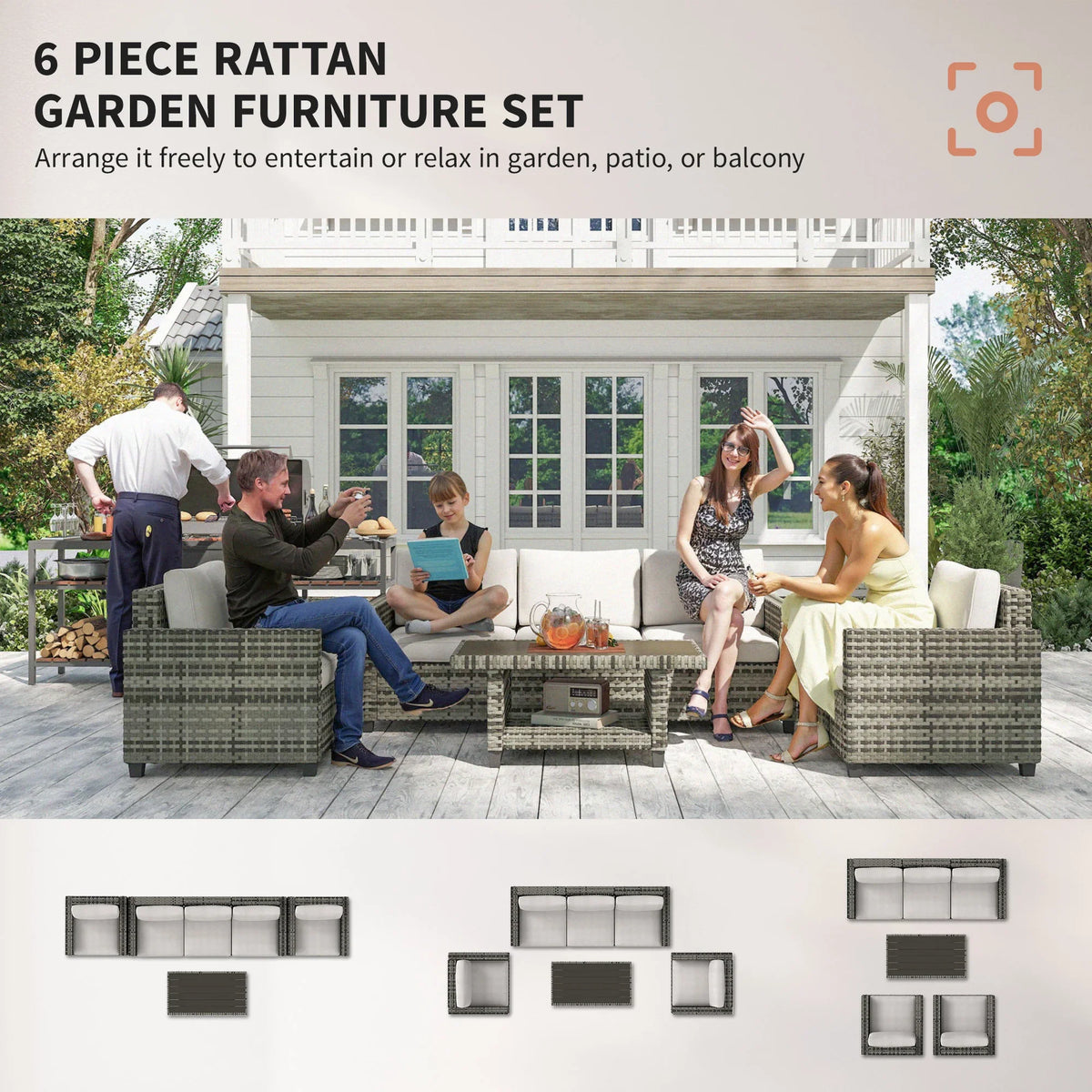 6-piece modular rattan outdoor seating set with cushions and coffee table