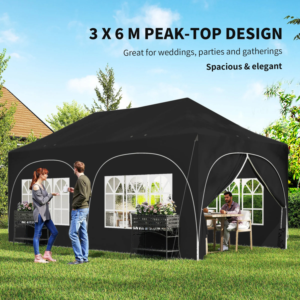 Outsunny black peak-top pop-up gazebo with arched window panels and front opening