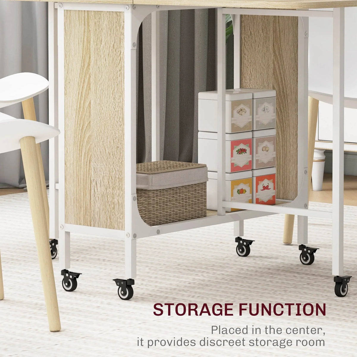 Folding dining table with open storage compartment, light wood panels, caster wheels.