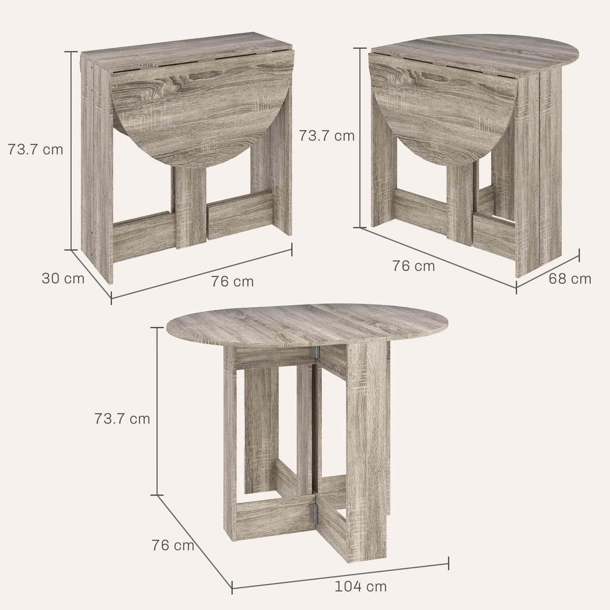 Grey folding drop-leaf dining table shown from multiple angles with measurements