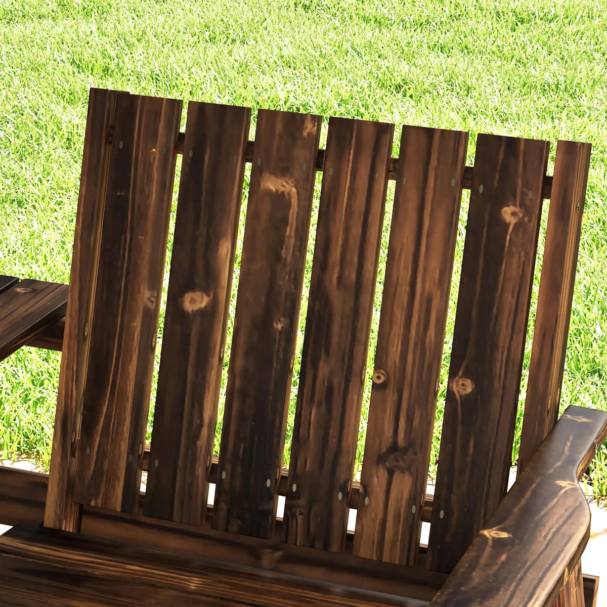 Brown wooden slatted loveseat backrest with upright support posts
