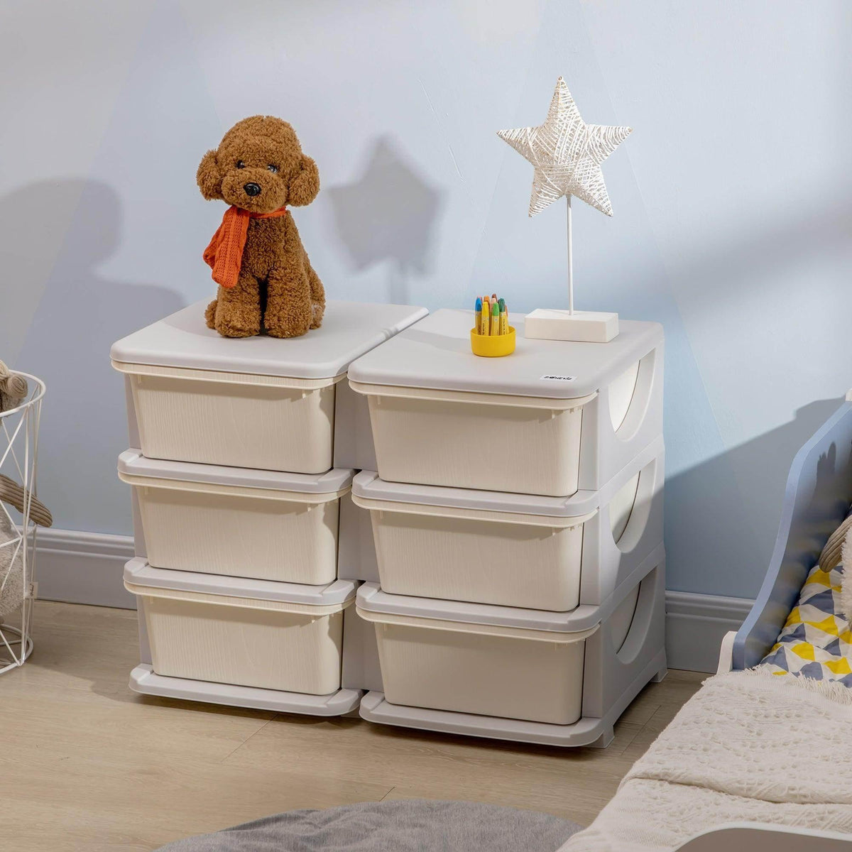 3-tier kids toy storage dresser tower with six closed drawer bins and curved handles