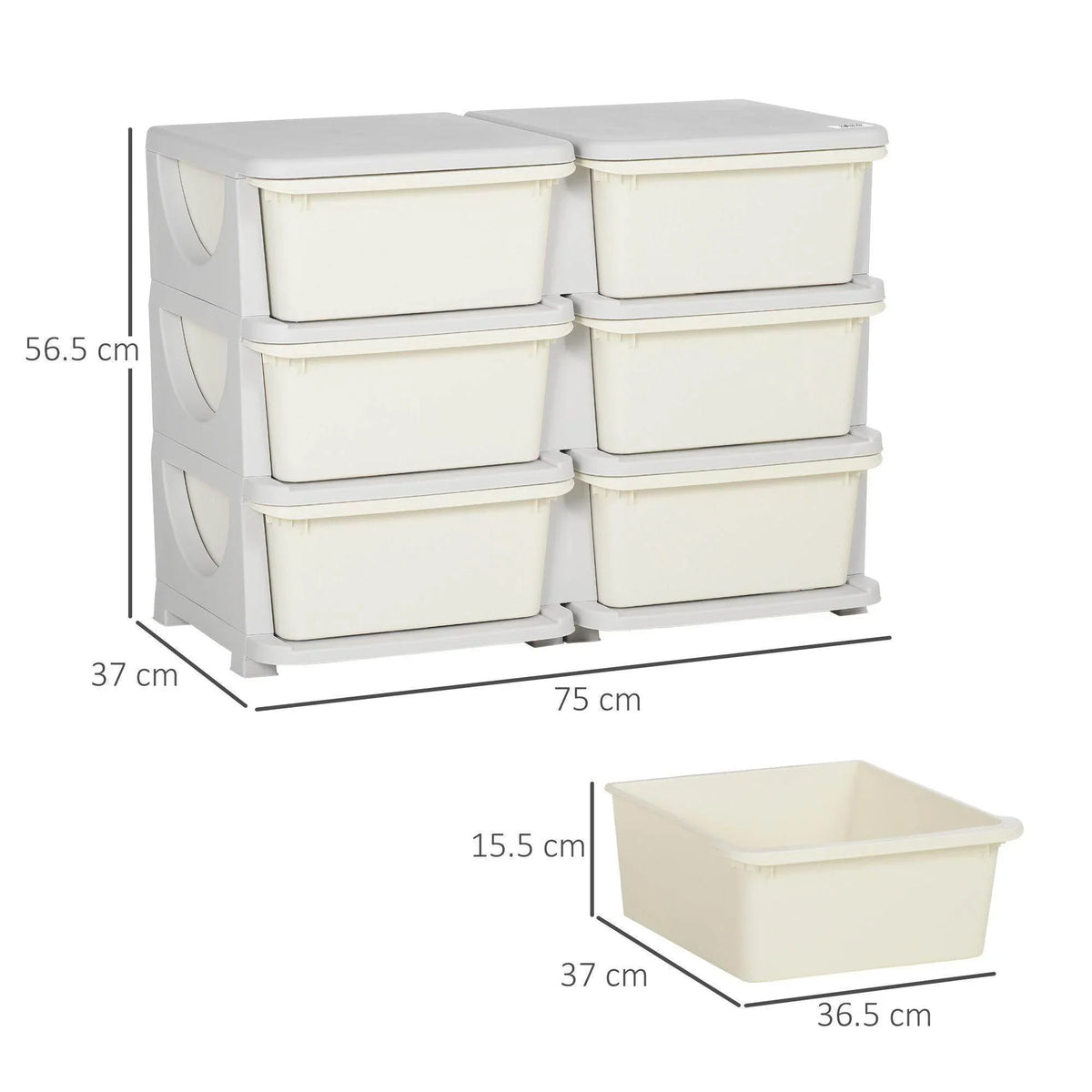 3-tier kids storage tower with two columns of six closed bins, stacked for toys
