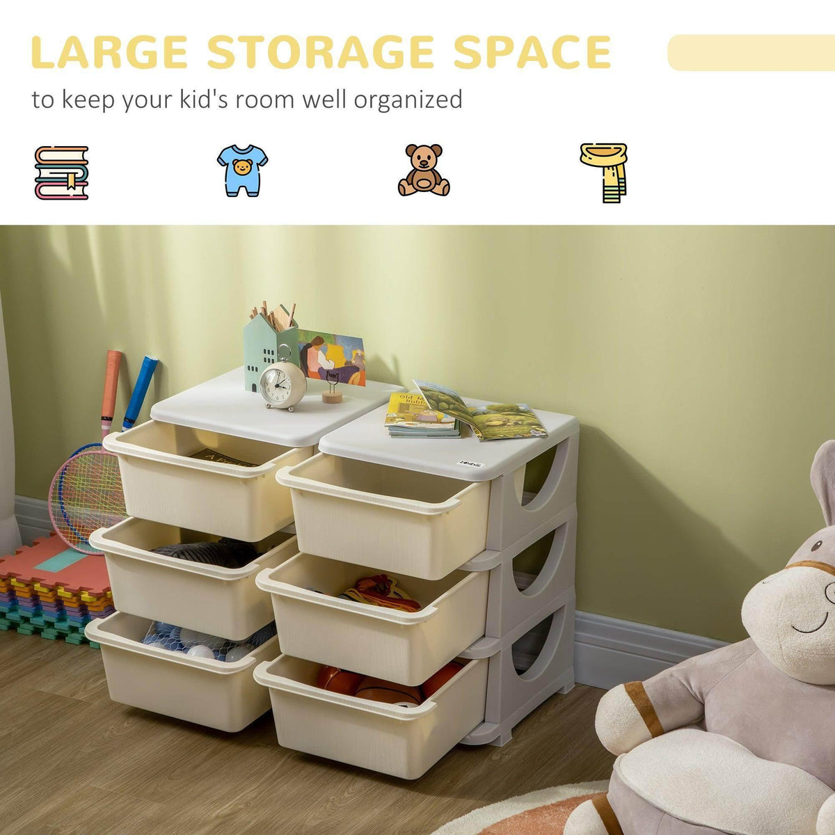 3-tier toy storage dresser tower with open-top bins and six closed drawer bins