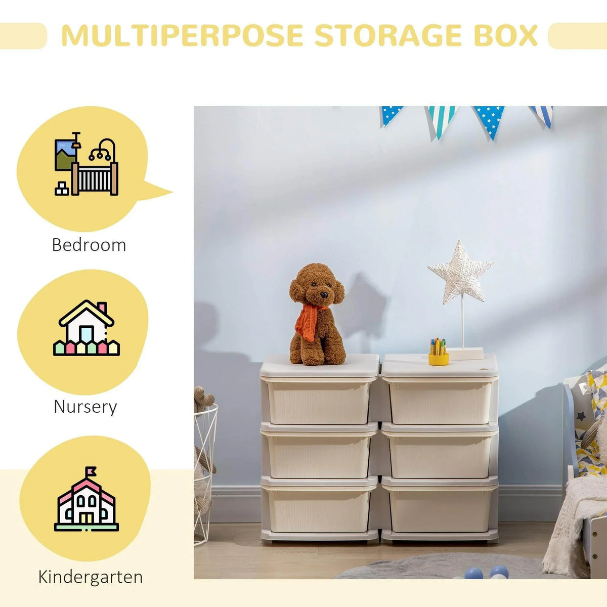 3-tier kids toy storage organizer with six closed plastic drawer bins and top lids