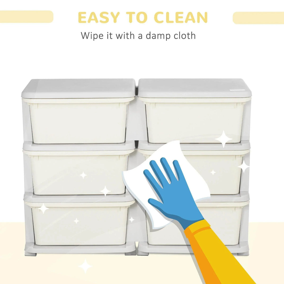 Six-bin kids storage drawer tower with smooth, wipe-clean plastic and rounded lids