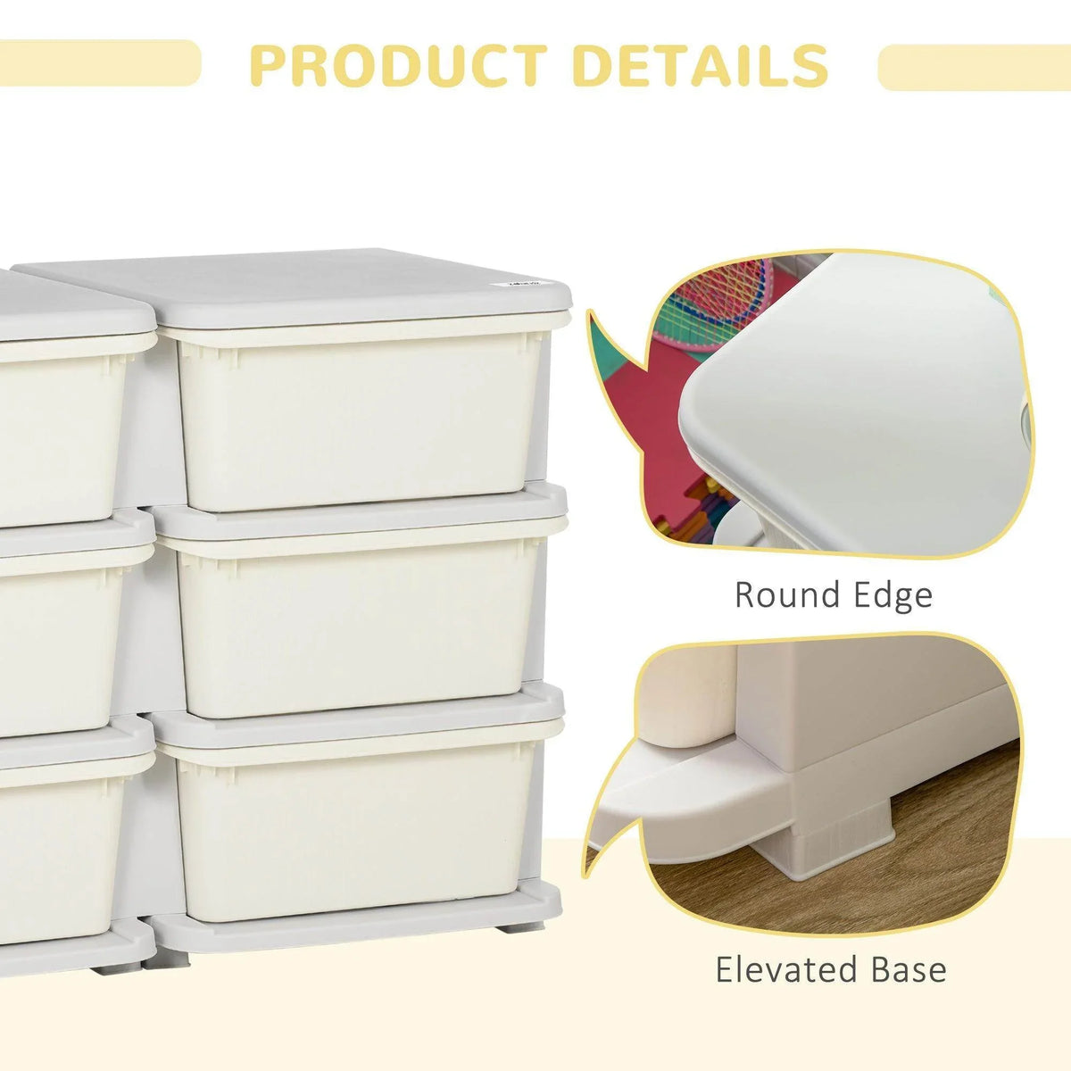 Kids toy storage drawer tower with rounded bin edges and elevated base
