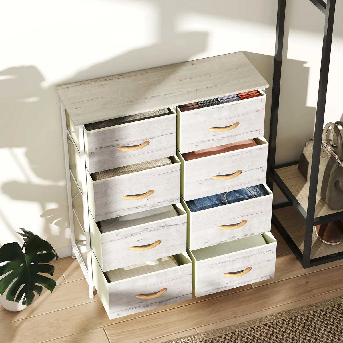 Fabric drawer cabinet with 8 drawers, angled view with top open compartments, gold pulls