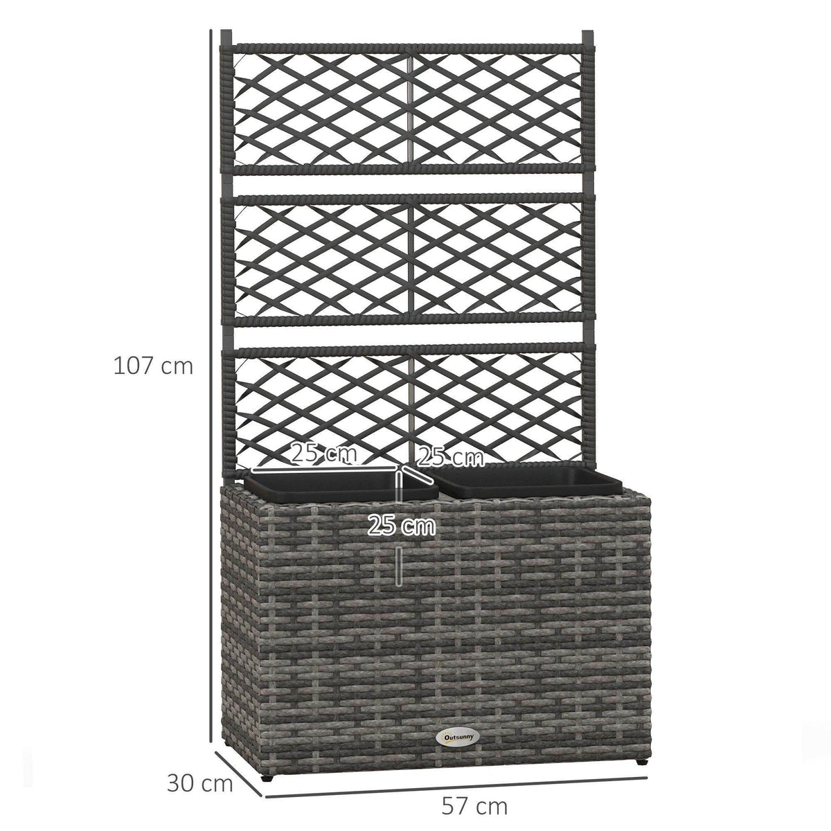 Grey free-standing raised rattan planter with black lattice trellis and two plant boxes
