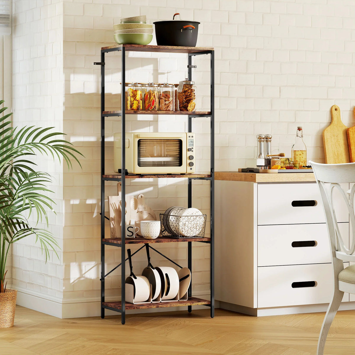 Five-tier industrial shelf with black metal frame, rustic brown top and open tiers