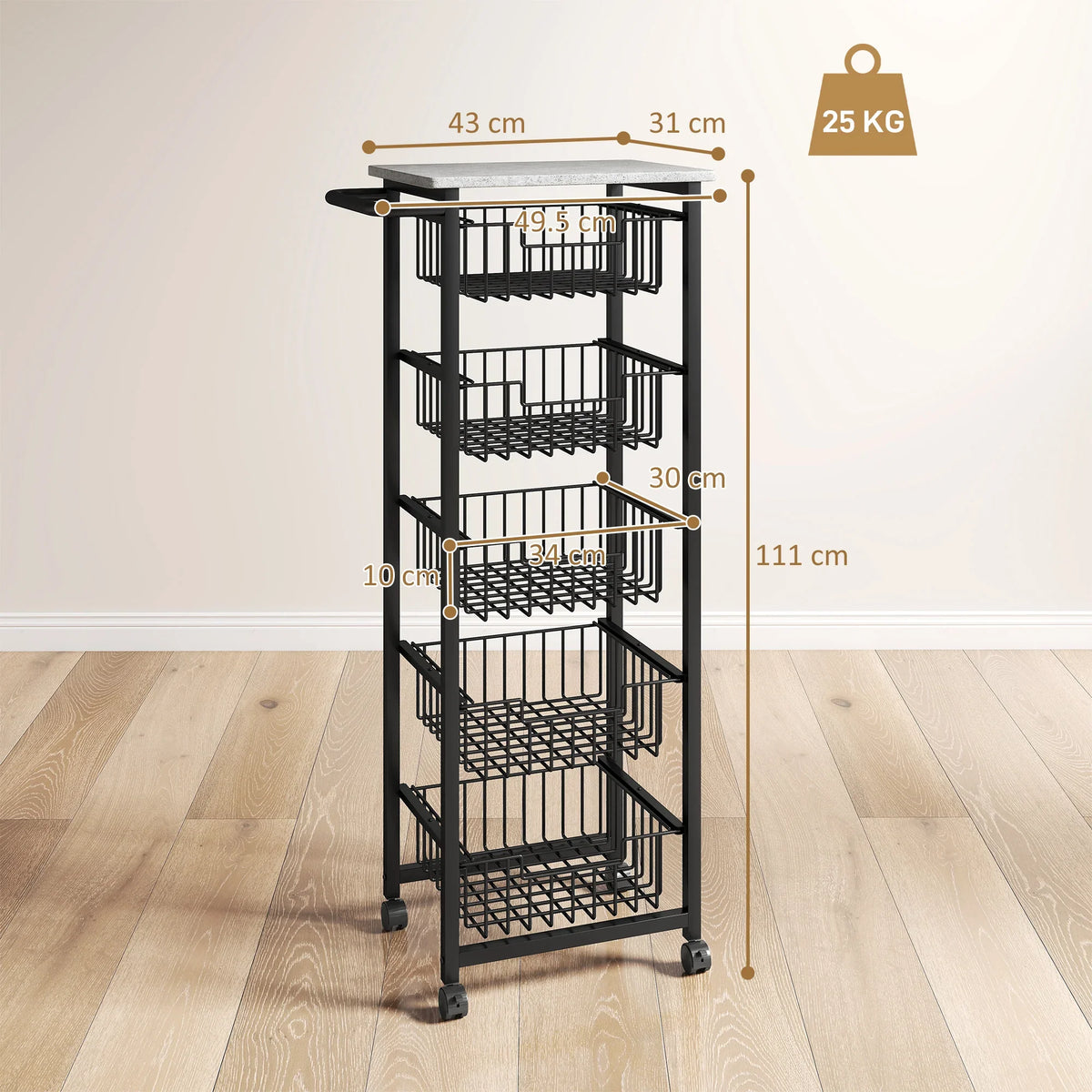 Mobile kitchen island with five wire baskets and gray top, black frame on caster wheels