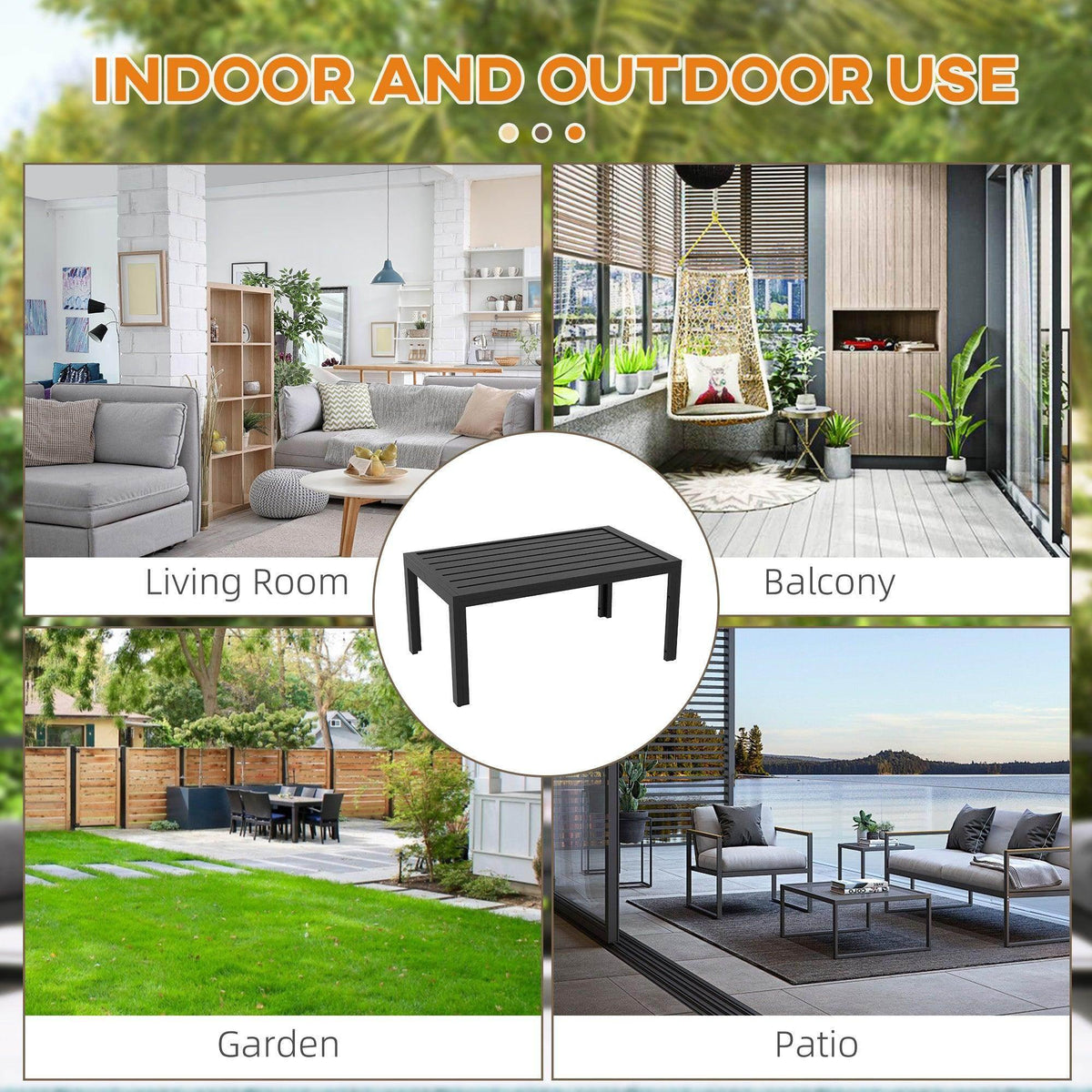 Black rectangular slat tabletop side table shown on patio and balcony settings