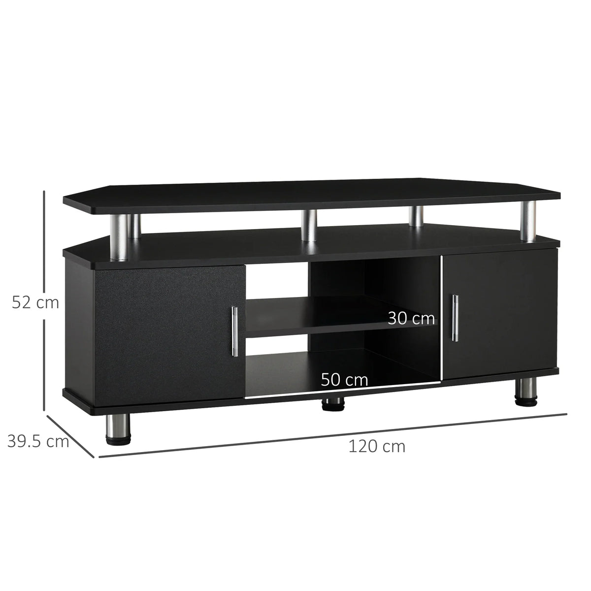 Black TV stand cabinet with long top and two side doors, open middle shelf