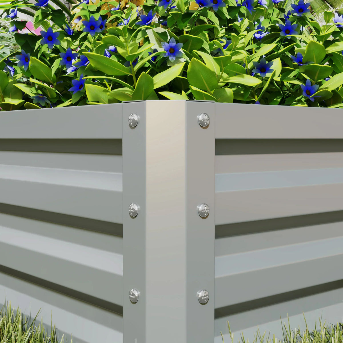 Gray steel planter box corner joint with metal bolts and slatted panel