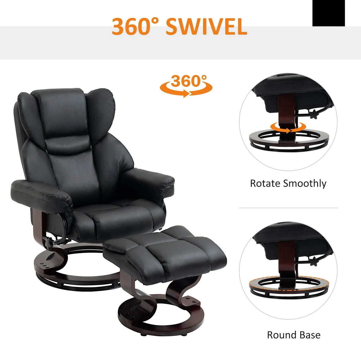 Black 360° swivel reclining chair with padded armrests and matching ottoman