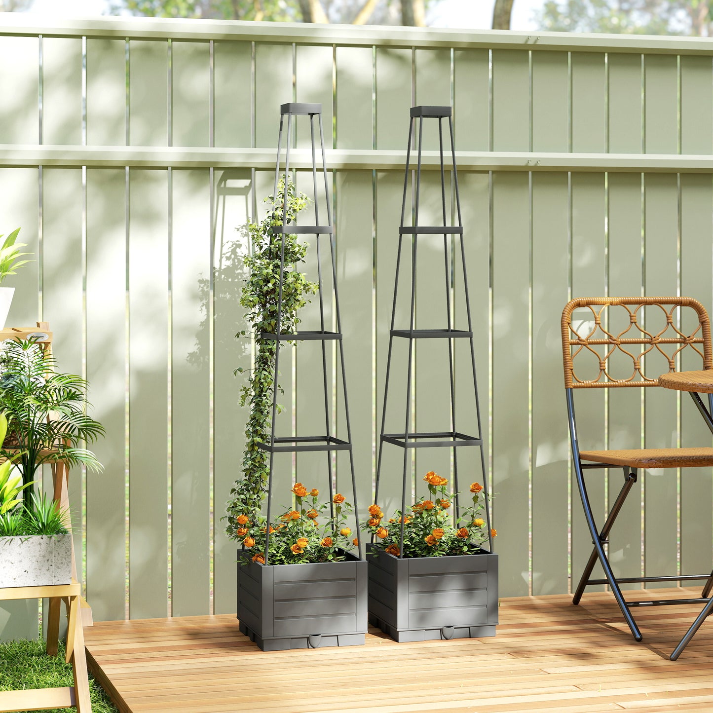 Outsunny Two Pack Raised Garden Bed With Trellis Plastic Outdoor Planter Box Removable Drainage Tray