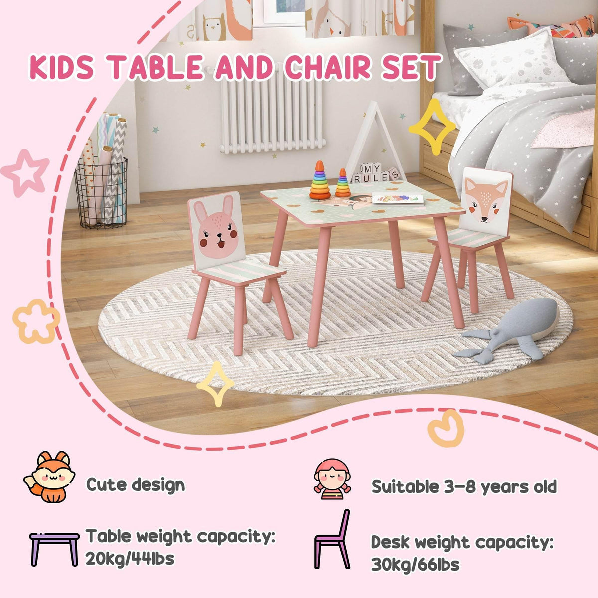 Kids pink table and two matching chairs with animal cutout seat backs
