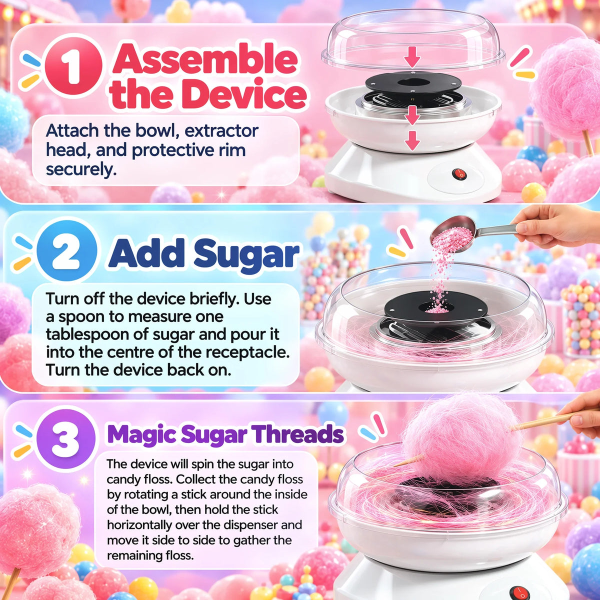 Electric cotton candy maker with clear bowl, base controls, and protective rim
