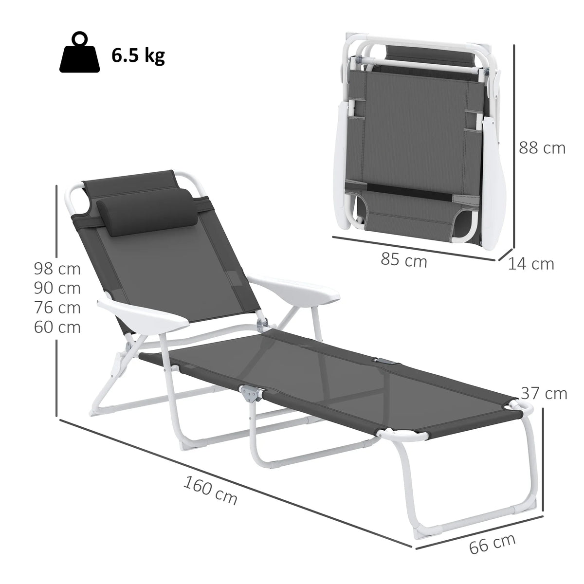 Foldable lounge chair size diagram with charcoal seat, white frame, 6.5 kg