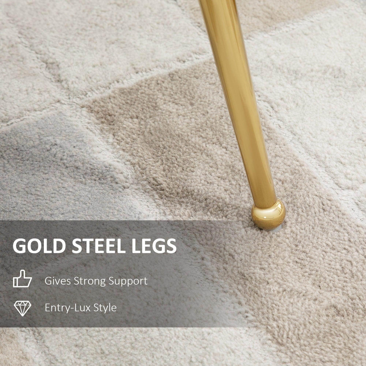 Gold steel chair leg on grey velvet base