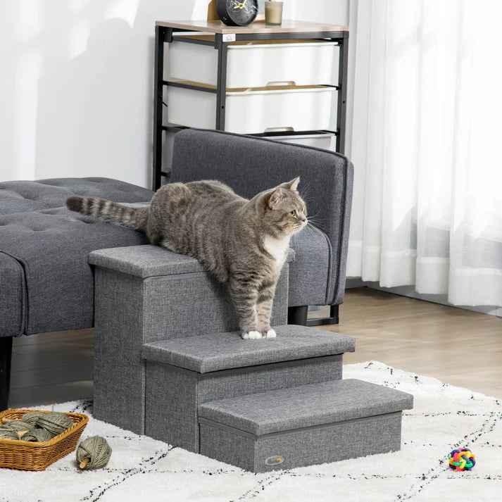 Gray 3-step pet stairs for cats, helping them reach sofas or beds safely in home settings