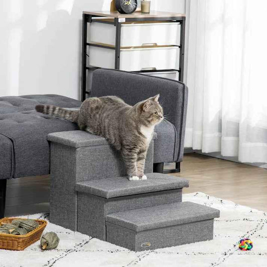 Gray 3-step pet stairs for cats, helping them reach sofas or beds safely in home settings