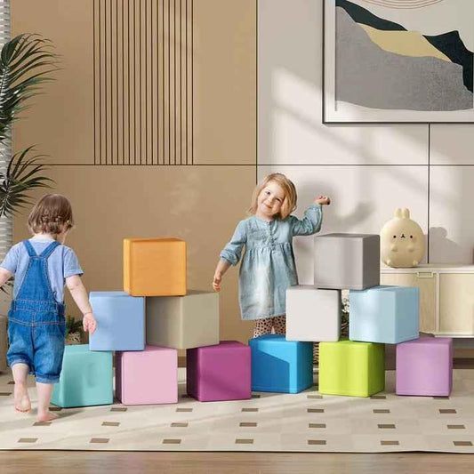 Kids playing with colorful soft foam blocks in a modern living room, safe indoor playset for toddlers