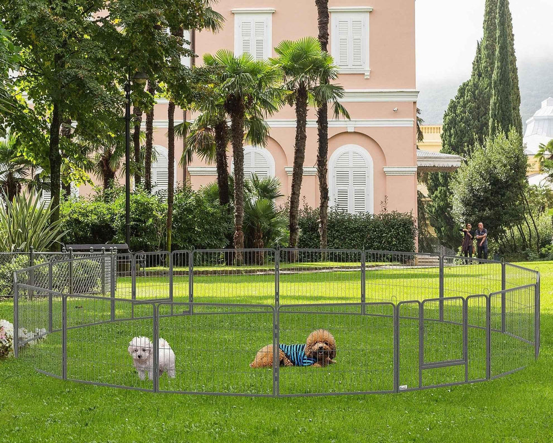 Outdoor dog playpen with two small dogs on grass, ideal for garden safety and pet exercise