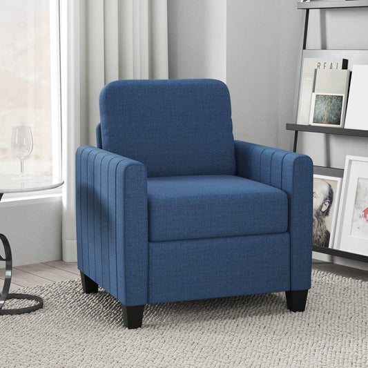 Modern blue fabric armchair with vertical stitching in a cozy living room setting