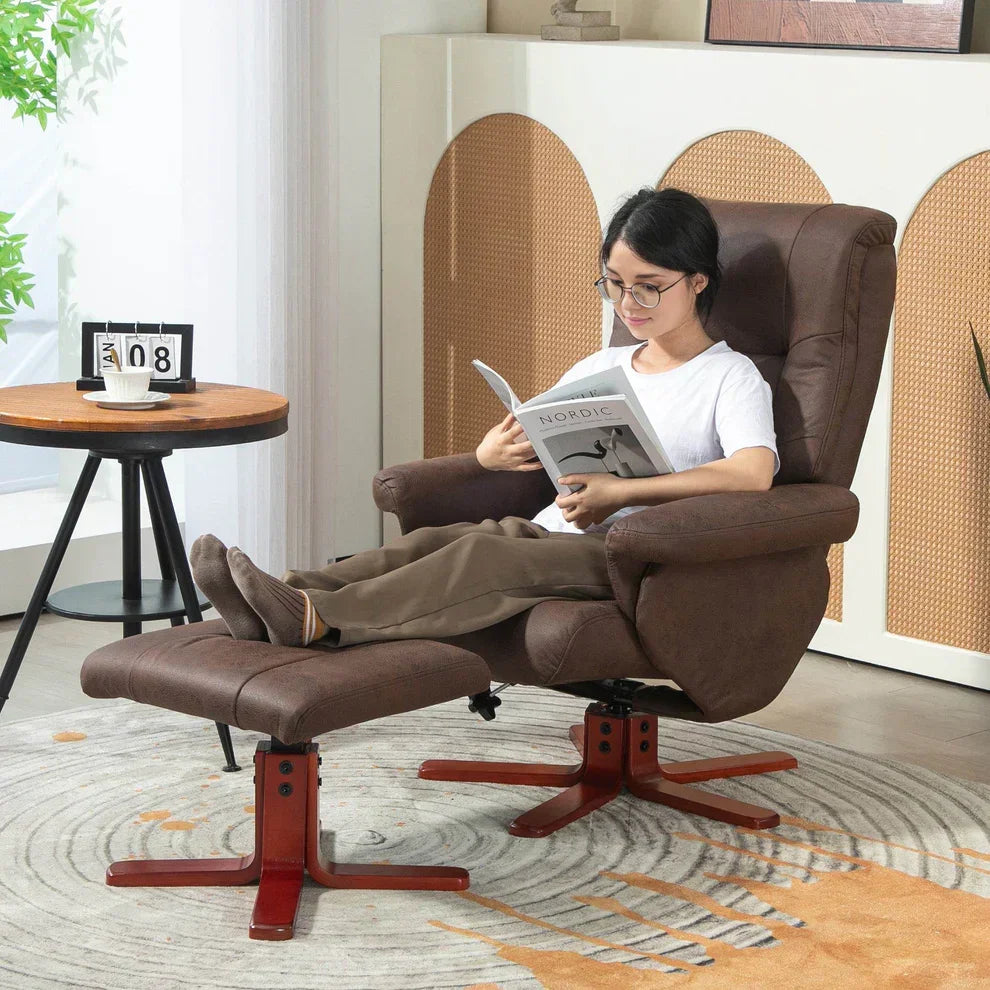 Brown recliner chair with matching ottoman, perfect for cozy reading in modern living room