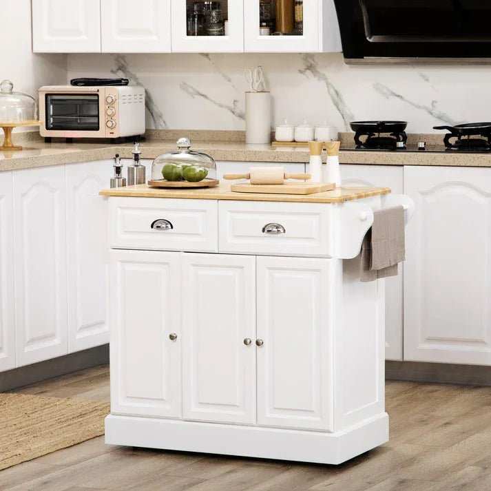 White kitchen island with wooden countertop, storage drawers, and cabinets in modern kitchen setting