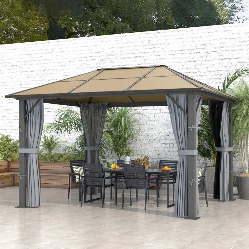 Modern outdoor gazebo with curtains, dining table and chairs on a patio, garden background