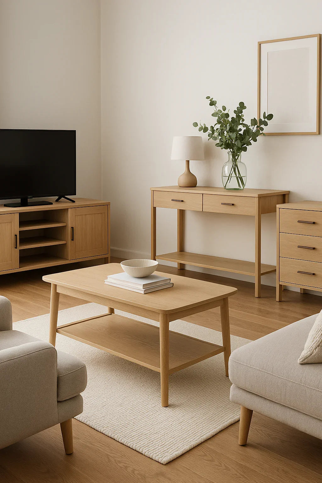 Modern wooden coffee table with shelf in cozy living room, styled with books and bowl, matching TV stand and console table