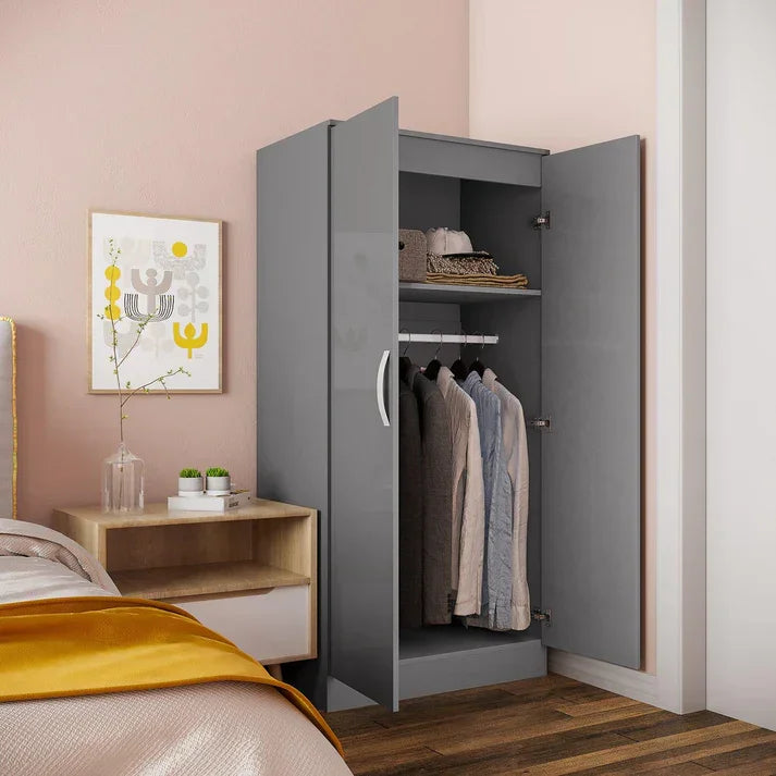 Gray modern wardrobe with open doors, hanging clothes, and shelf storage in cozy bedroom
