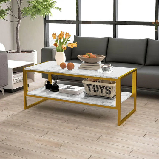 Modern marble coffee table with yellow frame in stylish living room setting