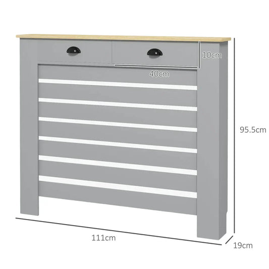 Grey and wood console table with drawers, slatted front, and dimensions shown, ALL4U furniture