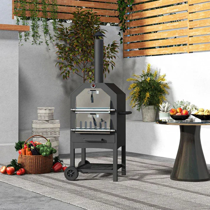 Outdoor wood-fired pizza oven with chimney, on patio with fresh veggies and plants, perfect for garden cooking