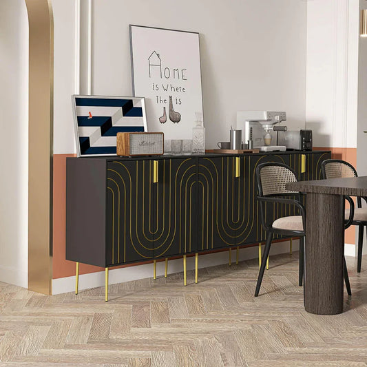 Modern sideboard with gold geometric pattern, artwork, coffee machine, and glassware in stylish home interior.