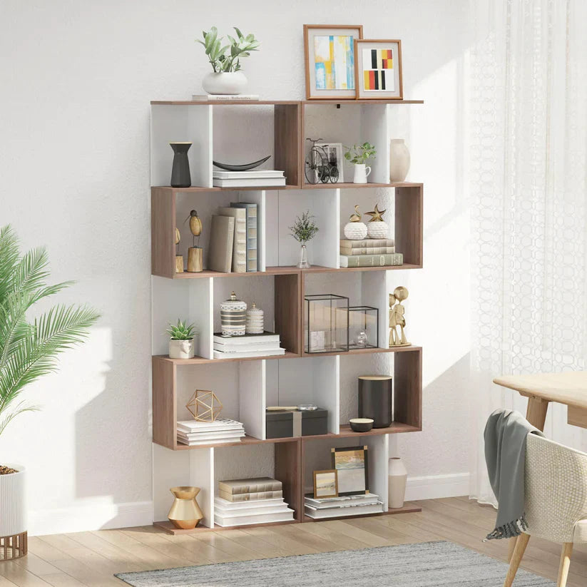 Modern 5-tier white and wood shelving unit with decor and books in a bright living room
