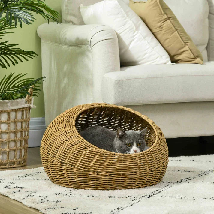 Gray cat in cozy wicker cat bed, perfect for home comfort and pet relaxation